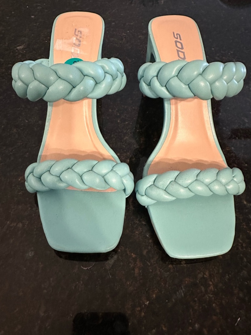 Soda Braided Double-Strap Block Heel Sandals in Light Teal